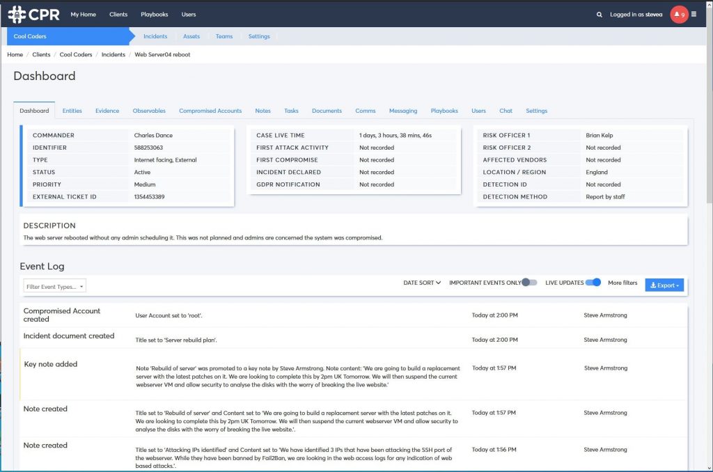 Incident response and case management dashboard